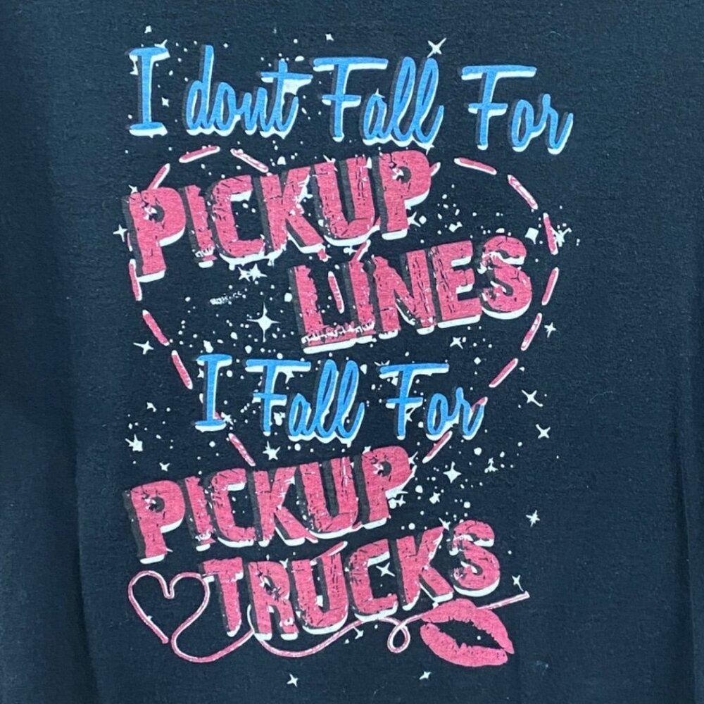 Gildan Womens L Black Tshirt Pickup Lines Trucks Valentines Day Country Graphic